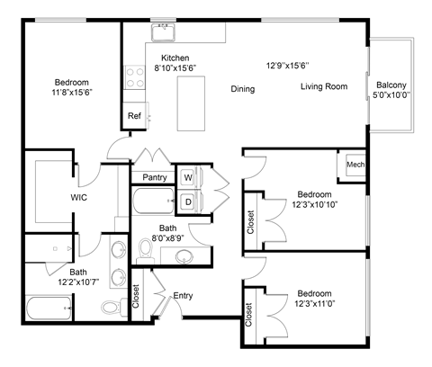 Floor plan for 3 beds, 2 baths, 1478 sqft
